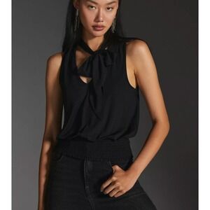 Anthropologie Black Sleeveless Tie Neck Blouse Top Smocked Waist Party